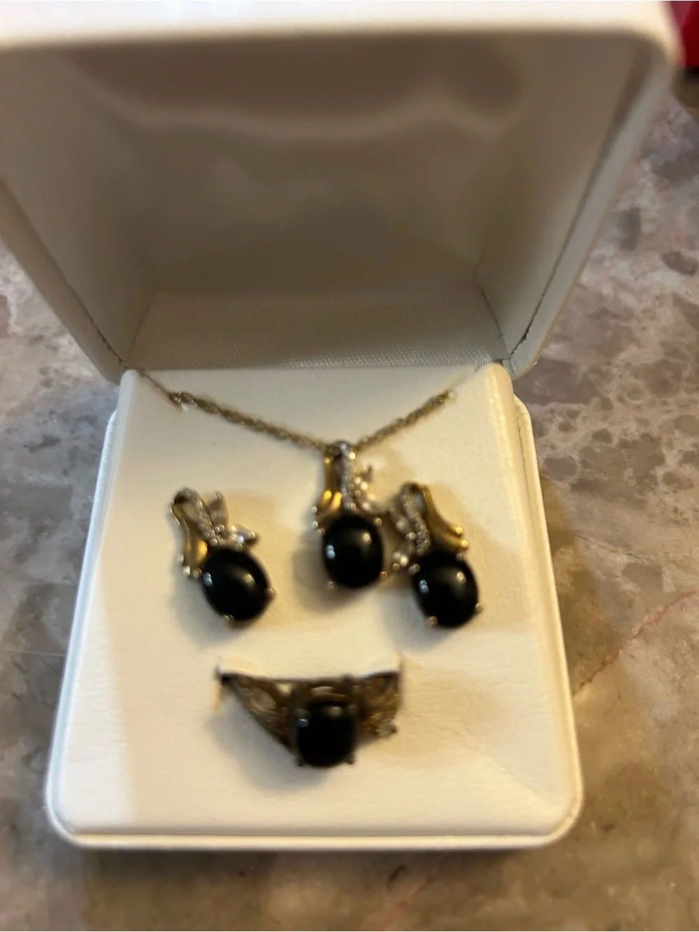 Gold-Tone Black Onyx Pearled Jewelry Set - Necklace, Earrings & Ring